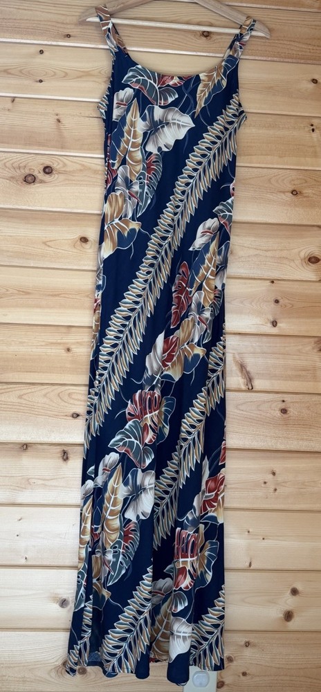 Hilo Hattie M Maxi Dress Sleeveless Hawaiian Tropical Floral Leaf Navy Blue