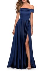 La Femme Navy Blue Off the Shoulder Satin Ballgown Size 4 Orig $338