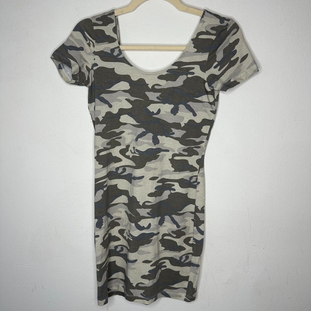 NWT Love Change Italy Camo Bodycon Dress Short Sleeve Deep Low U Back Stretch S
