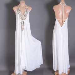 White Sexy Boho V-Neck Open Back Summer Beach Beaded Bow Long Maxi Dress S M L