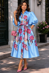New🌺 Nancy Yang Sky Blue Satin Midi Dress Button Front Puff Sleeves Pockets L