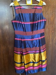 Trina Turk Navy, Gold, Pink & Burgundy Striped Satin Midi Dress Large 8-10