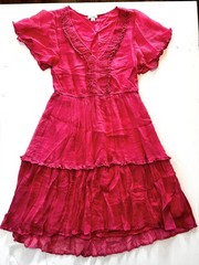 Sundance Midi Dress Pink Crinkle Tiered Deep V Romantic Cottagecore Ruffles Sz S