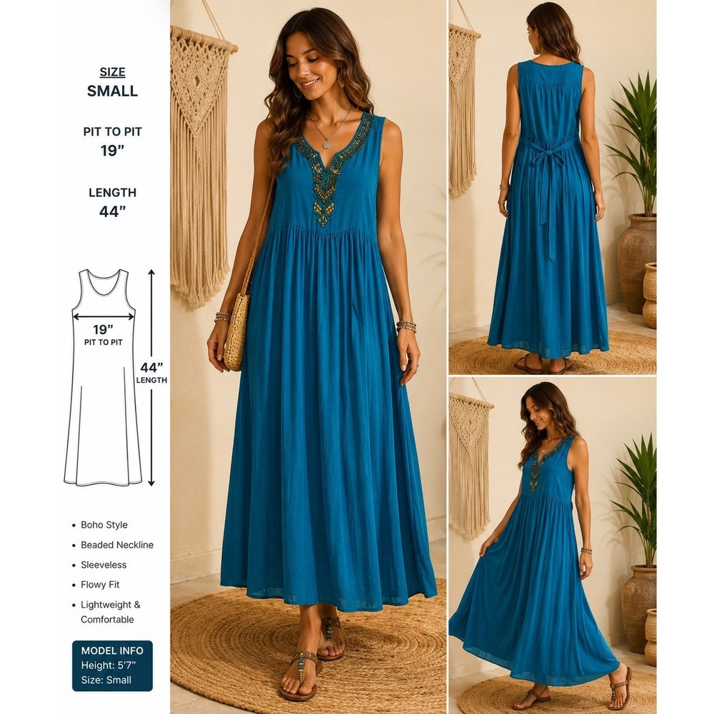 Tango Mango Blue Beaded Maxi Lined Belted Dress Women&rsquo;s Size S PocketsCottage