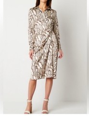 NWT Worthington Leona Satin Shirt Dress XXL Brown Animal Rattlesnake Faux Wrap