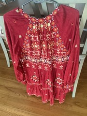 NEW Anthropologie Niamh Embroidered Tunic Dress M Red Lined Pockets Pleated