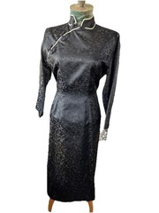Vintage Asian Black Silk Jacquard Dress Tunic Size M/L