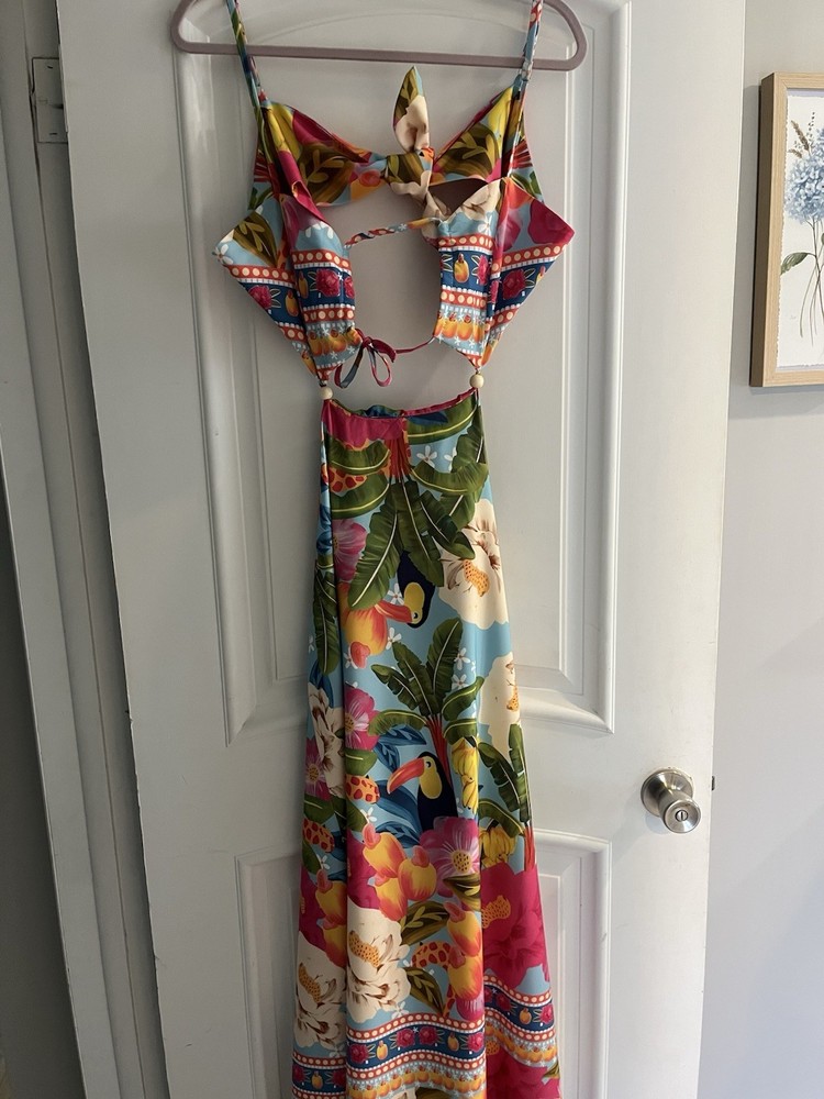 Open Back Tropical Parrot Halter Maxi Dress Resort xlg Adjust Straps back tie