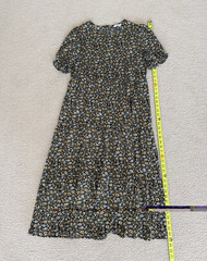 PrettyGarden Women&rsquo;s M Black Floral Midi A-Line Dress Puff Sleeve Ruffle Zip