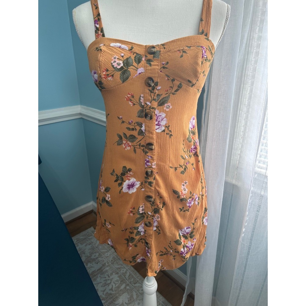 American Eagle Floral Button Front Mini Dress Mustard Yellow XS Smocked Back