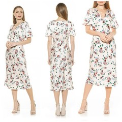 Alexia Admor Beige Felicity Floral Silky Satin V-Neck Midi Dress Size 2 Small