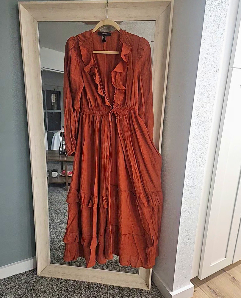 FOREVER 21 Rust Solid V-Neck A-Line Midi Dress Long Sleeve Ruffle Tie S