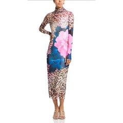 AFRM Shailene Mesh Dress Leopard Floral Print Long Sleeve Small Edgy Sheer Body