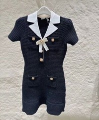 Self-Portrait Black Knit Bow Mini Dress Short Sleeve Slim Fit Dress for Ladies