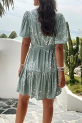 Random Print Button Down Belt Ruffle Midi Dress