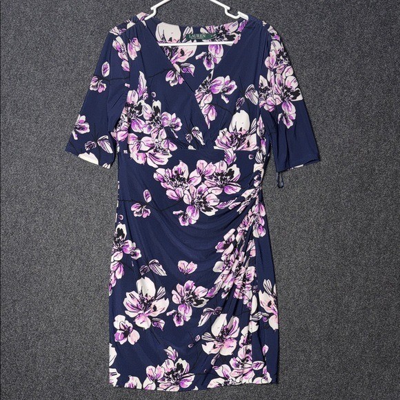 Lauren Ralph Lauren Navy Purple Floral Faux Wrap Ruched Sheath Dress 12