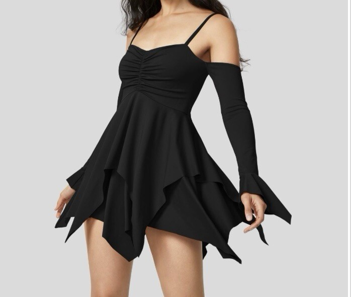 Adjustable Strap Ruched Backless Long Sleeve Mini Casual Dress- Boho