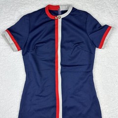 Vintage 60/70s Mod Dress Women’s Navy Blue Red Gray Stripe Polyester Scovill 36”