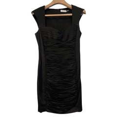 Calvin Klein Bodycon Dress Black Cap Sleeve Sweetheart Neck Ruched Size 10 LBD