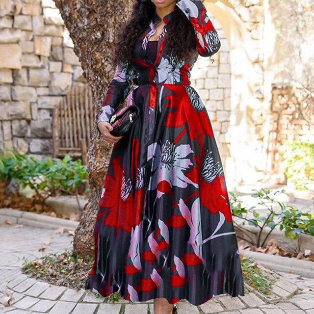 Long Sleeve Round Neck Digital Print Maxi Dress S Red
