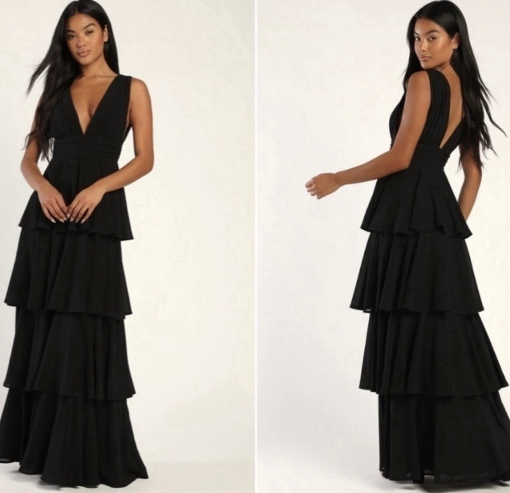 Lulus XL Black Solid V-Neck Sleeveless Tiered Ruffle Long Maxi Dress