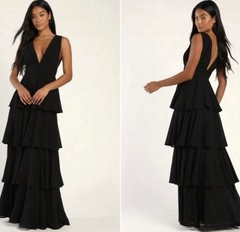 Lulus XL Black Solid V-Neck Sleeveless Tiered Ruffle Long Maxi Dress