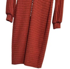 Women’s Orange Solid Ribbed Knit V-Neck Long Sleeve Stretch Midi Sweater Dress