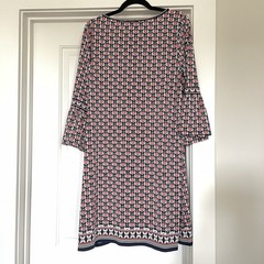 Max Studio Knit Shift Dress Geo Floral Border Print Bell Sleeve Navy Pink Size L