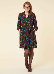 Joanie Woodland Cottagcore Print Button Up Belted Pockets 3/4 Sleeve Dress, sz 8