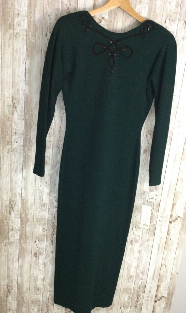 NEW VTG Andrea Jovine Dark Green Sweater Dress 100% Wool Jeweled Low Back XS WOW