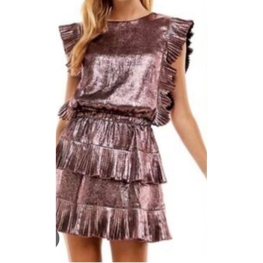 Metallic Rose Gold Pleated Tiered Ruffle Mini Dress Sleeveless Cocktail Party m