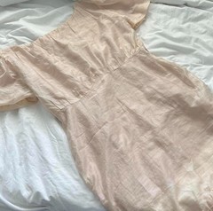 böhme Beige Solid Puff Sleeve V-Neck Lined Zip Maxi Dress Size L