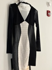 bebe Colorblock Sheer Mesh V-Neck Sheath Knee Dress Long Sleeve Size S