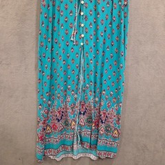 Maxi Dress Women Sz Medium Button Front V-neck 3/4 Roll Tab Sleeves Aqua Floral