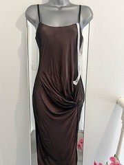 Goddiva Two-Tone Sheer Mesh Draped Midi Dress Brown Underlayer Black Overlay