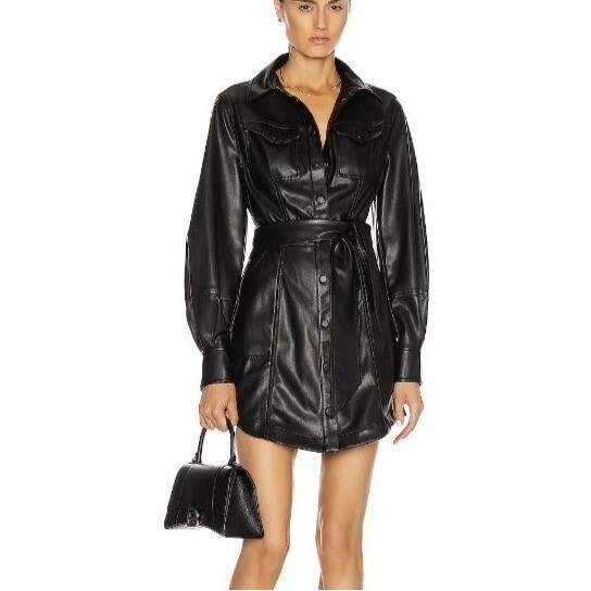 Jonathan Simkhai Eve Vegan Leather Mini Shirt Dress Soft 8 Black Button Up NWT