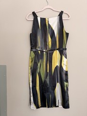 Tahari Sleeveless Abstract Print Midi Dress in Black, Yellow, Green & White