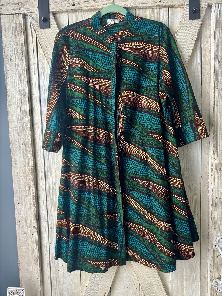 Zuri Kenya Green Blue Brown Wavy Print Cotton Button Front Dress Tunic Medium