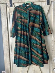 Zuri Kenya Green Blue Brown Wavy Print Cotton Button Front Dress Tunic Medium