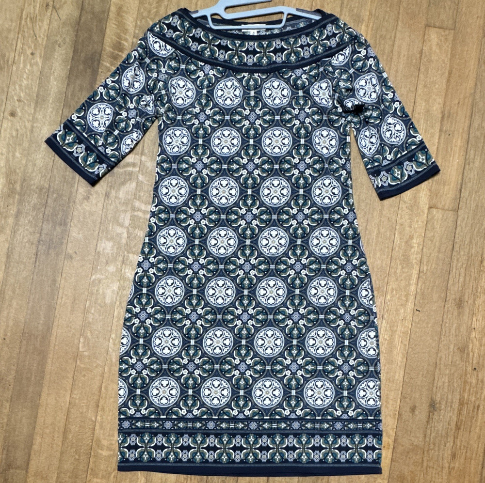 Max Studio Blue/White/Green Geometric Knit Sheath Dress M Scoop Neck 3/4