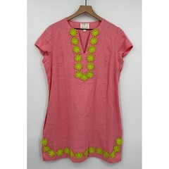 Sail to Sable Dress Women Large Pink Orange 100% Linen Floral Applique Colorful
