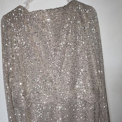 Ieena for Mac Duggal 16 Beige Sequin Mesh V-Neck Long Sleeve Lined Zip Gown