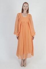 Vtg 60s Avant Garde Chiffon Dress Poet Bell Sleeve Unicolor Cocktail Party Gown