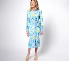 Isaac Mizrahi Live! Regular Pebblette Long Sleeve Midi Shirt Dress Blue Roses L
