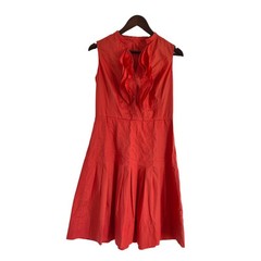 Orange A-Line Pleated Ruffle Neck Dress Sleeveless 100% Cotton Fit & Flare Sz 8