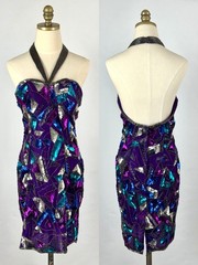 Vtg Lisa Kane Silk Beaded Sequin Mini Dress Disco Geometric Halter Bodycon Party