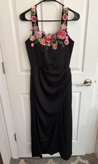 Leely Black Thick Straps Floral Ruched Long Wedding Guest Dress with Slit