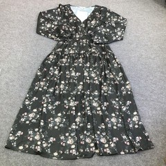Lucky Brand Dress Womens Small Black Floral V Neck Smocked Maxi Long Sleeve Boho