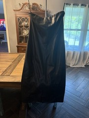 Forever 21 Black Faux Leather Bodycon Midi Dress Strapless Zip Front M