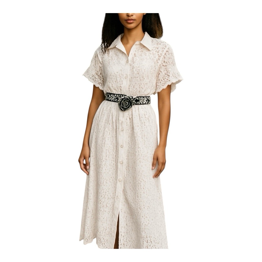 DX Collection Eyelet V-Neck Pullover Dress Size Large Made In Italy White Latte